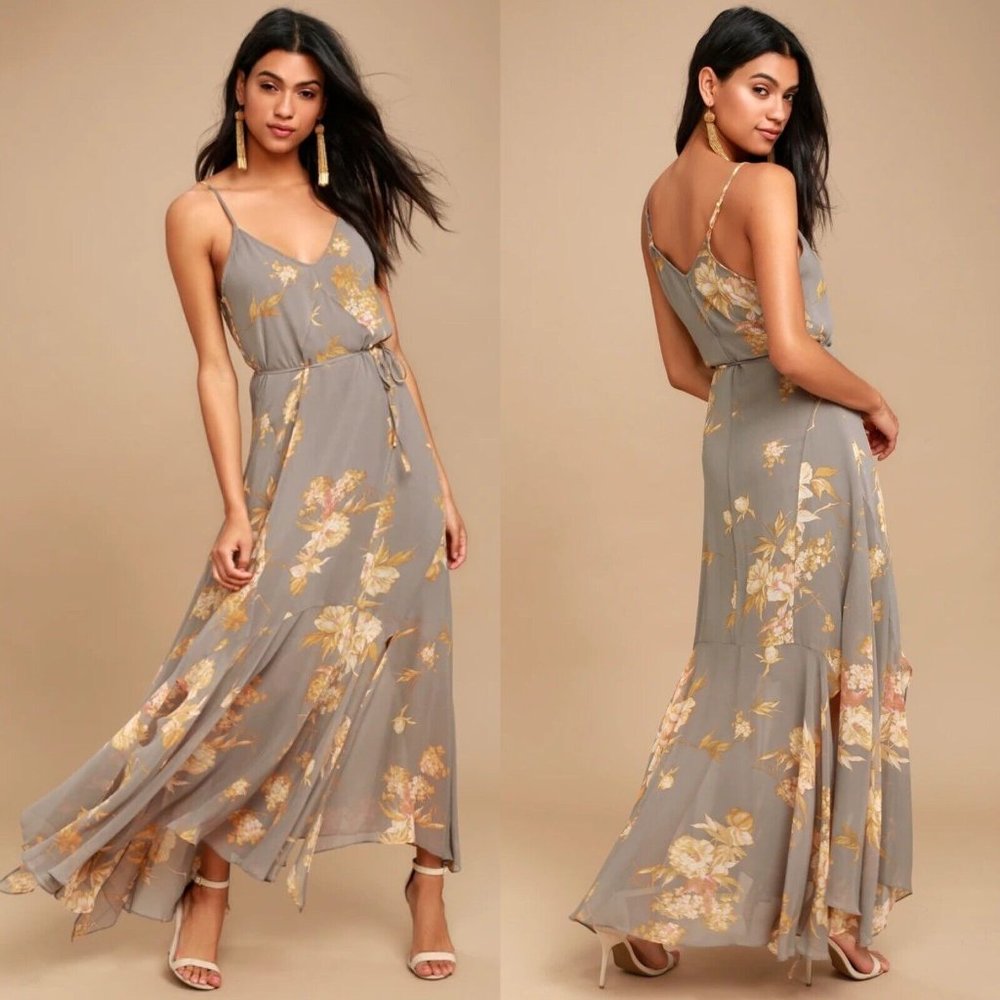 Lulu’s Feeling Freesia Grey Floral Print Maxi Dress Size XS